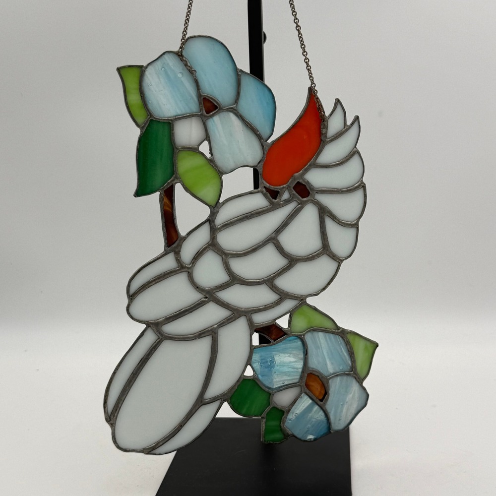 Vintage Stained Glass Bird Suncatcher White Cockatoo Blue Flower Window Decor